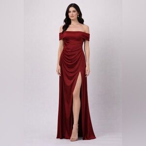 Red Off Shoulder Prom Gown Formal Evening Dress High Slit Elegant Glam Size Lg